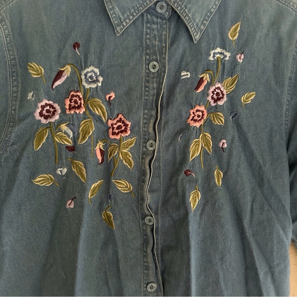Denim Floral Embroidered Button Down Long Sleeve - Picture 2 of 3